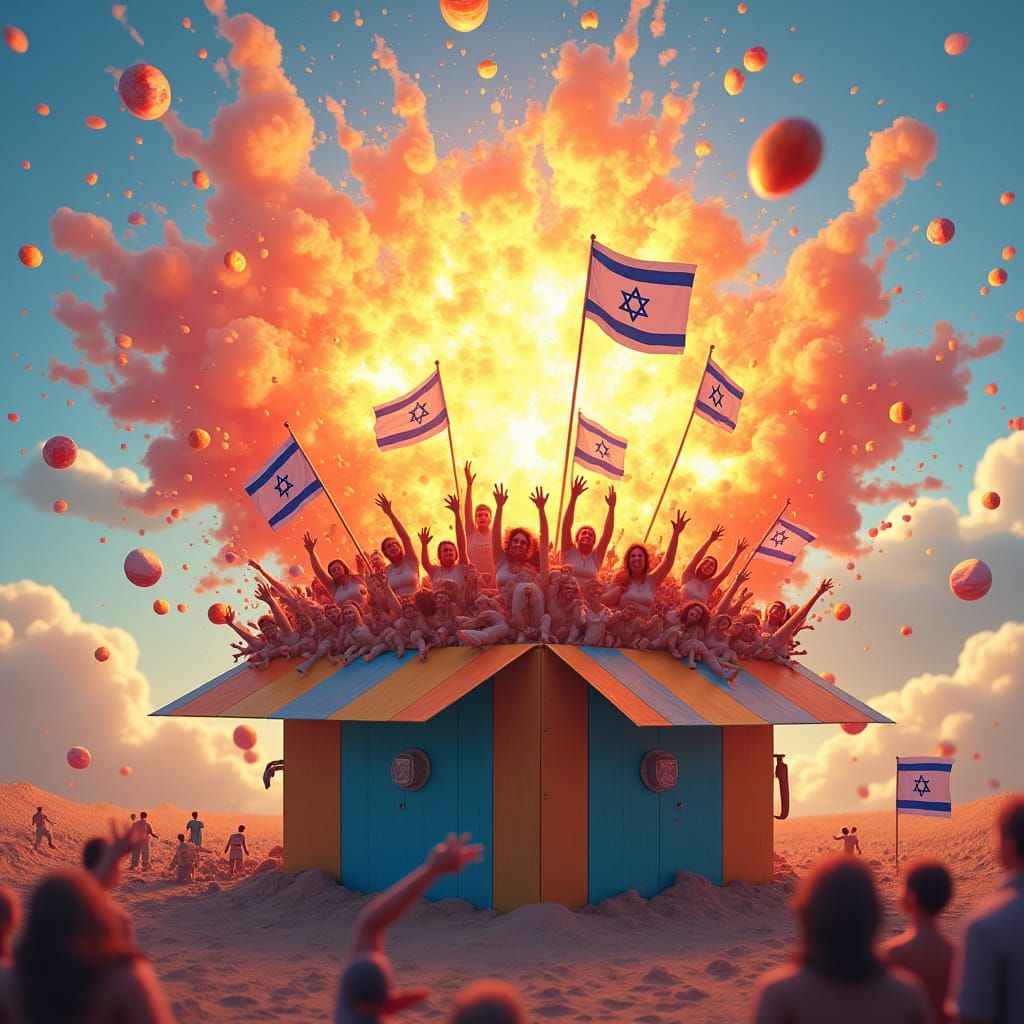 Exploding Box Reveals Joyful Crowd with Flags