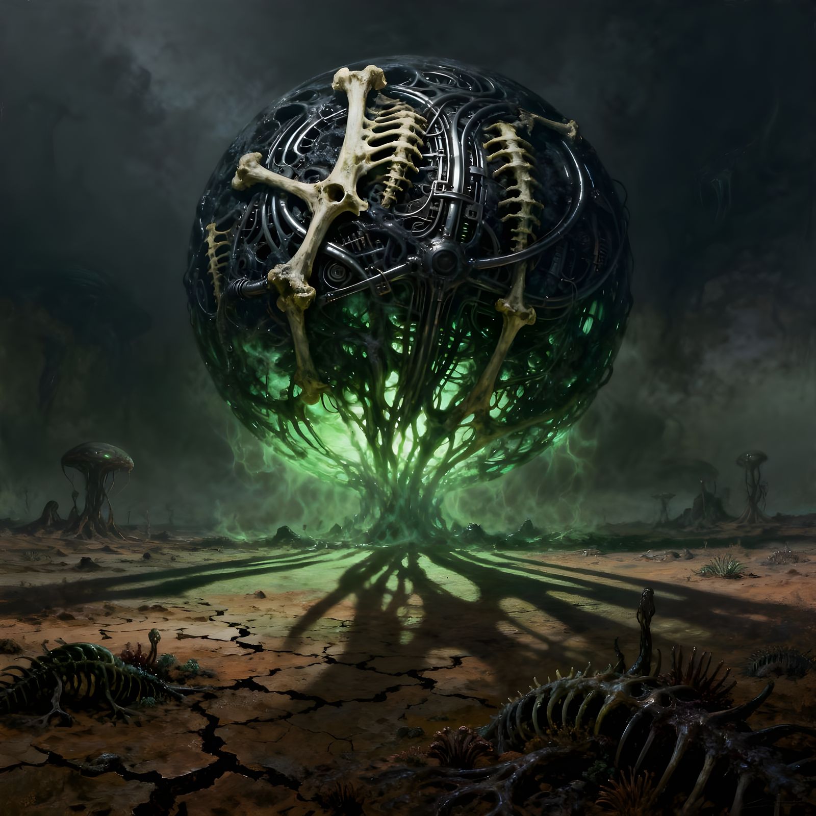 Bio-Mechanical Sphere in Alien Landscape Digital Painting