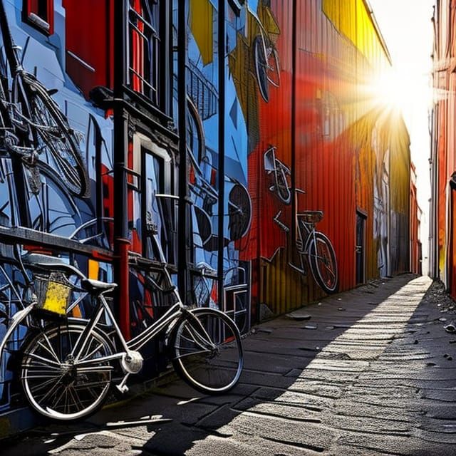 narrow dead end alley full of scrap, broken bicycle, fire es...