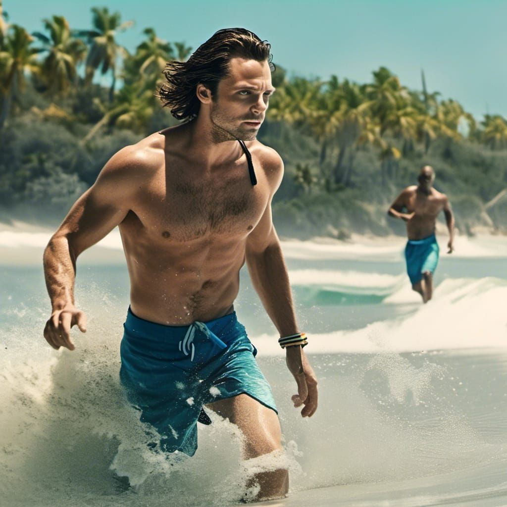 "Current day, aon a white sand beach with bright blue skies,...