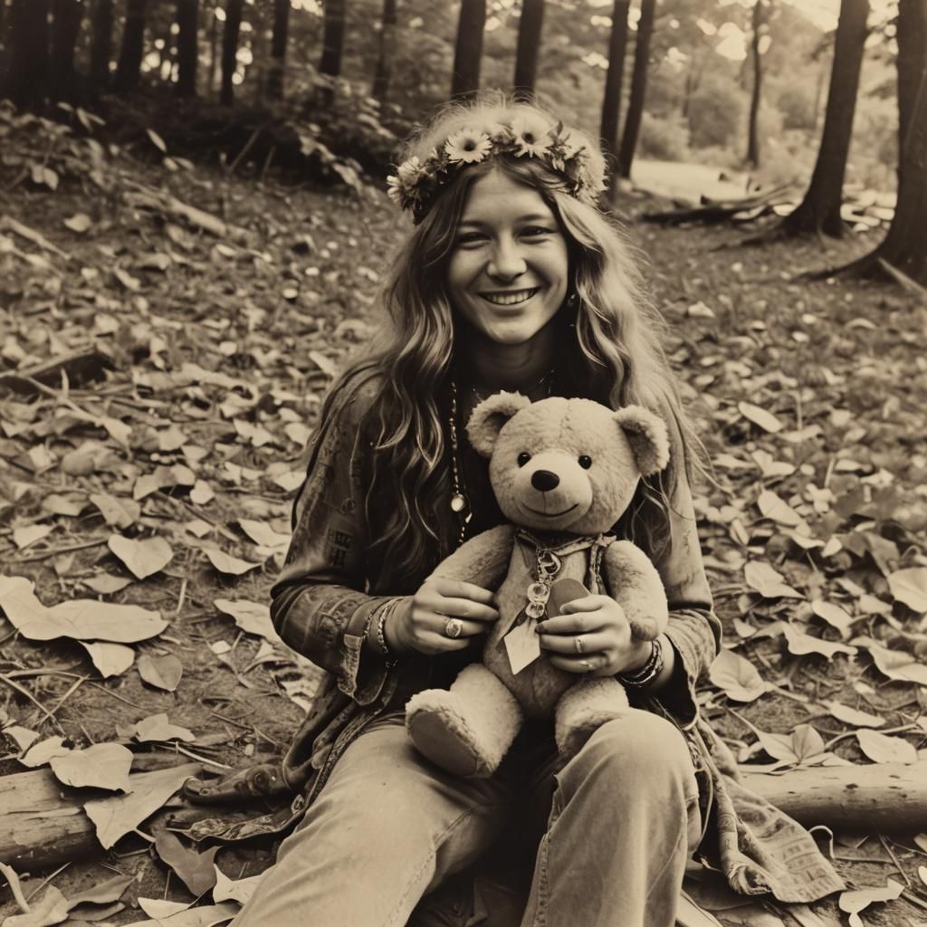 This pretty hippie took her beloved Teddy Bear  with her to Woodstock photographed together de, realistic ...  by @KrEiJ 
