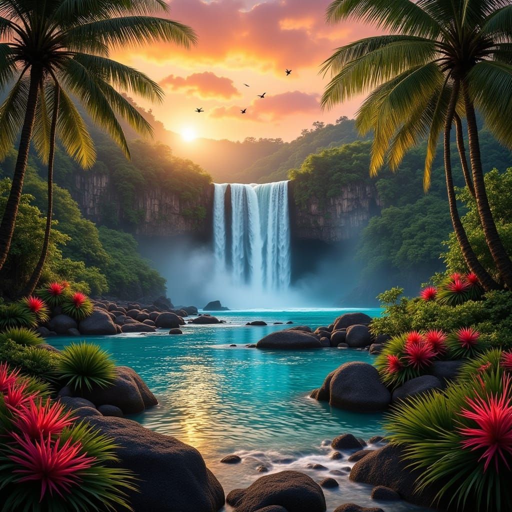 Tropical Cove at Sunset with Waterfall and Palm Trees