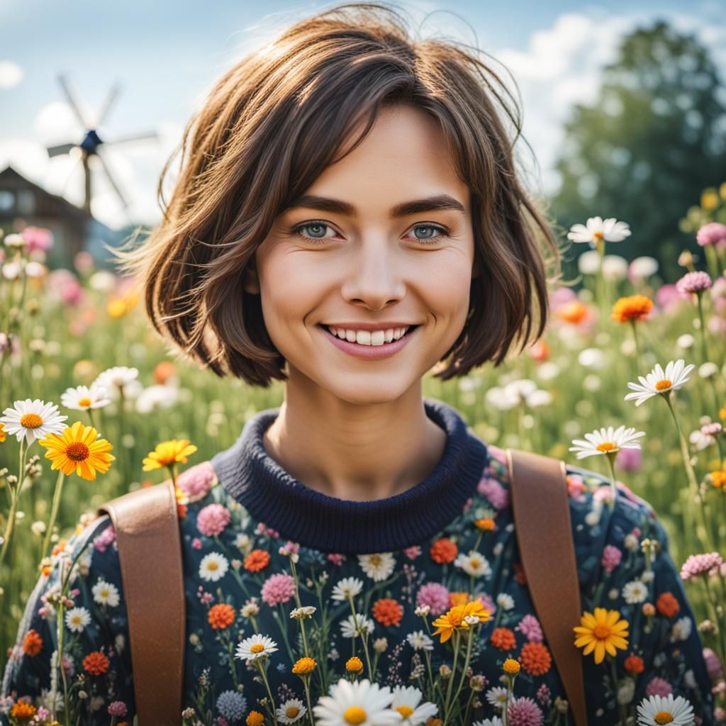 Happy Cottagecore Woman in Flower Field Portrait