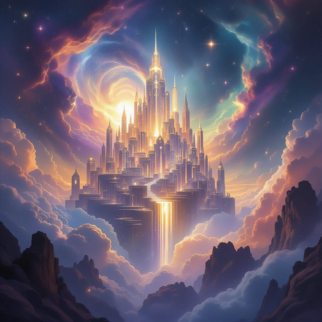 A mythical city of pure light, floating amongst swirling nebulae and cosmic dust, its structures seemingly woven from starlight. This lost c...