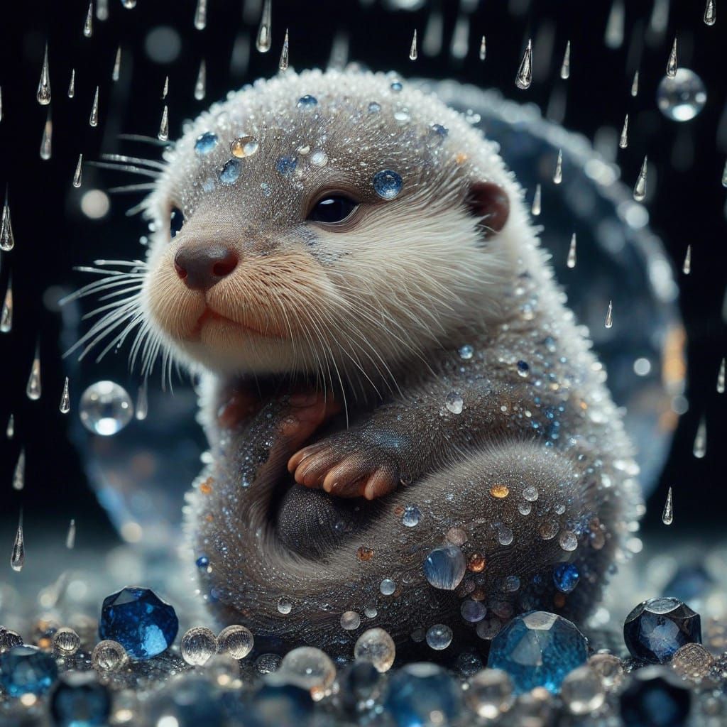 Microphotograph Portrait: tiny newborn obese baby Otter composed of Sparkling Sapphires and Diamonds; in raining midnight sapphire Moonlight...