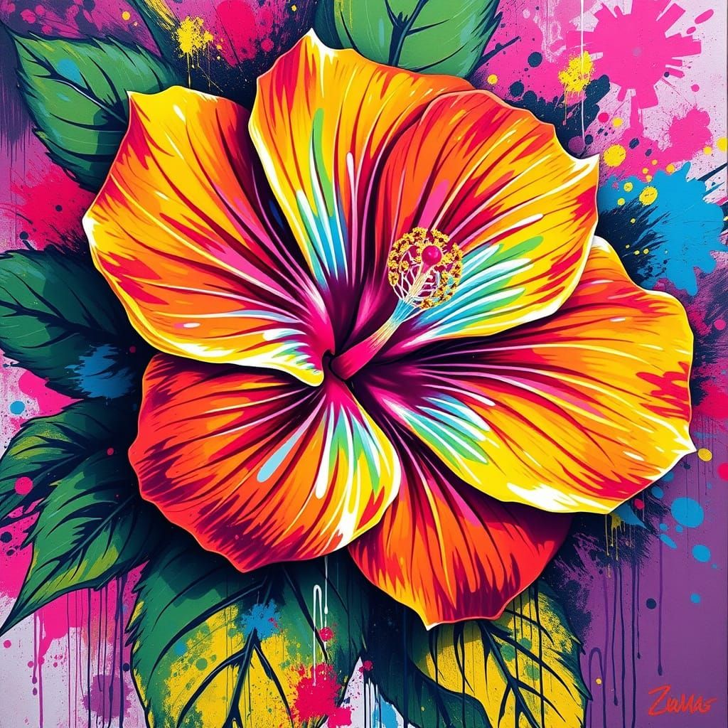 Neon Hibiscus Bouquet in Graffiti Art Style