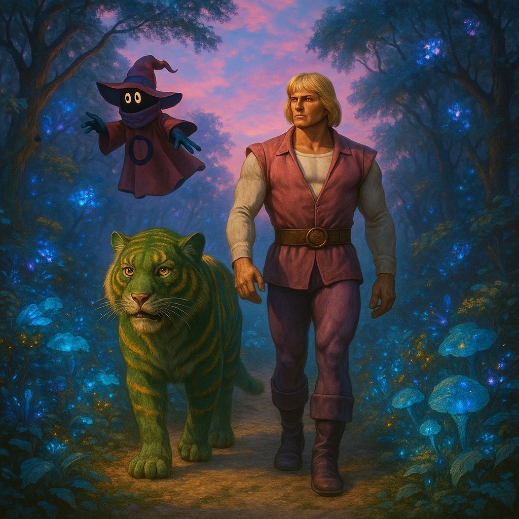 Prince Adam, Cringer, and Orko