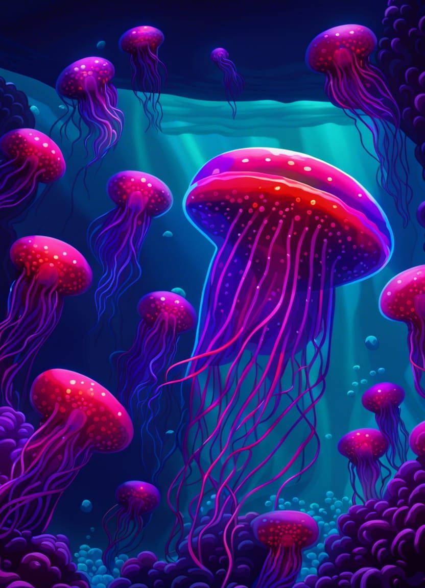 Scarlet jellyfish swimming in the deep blue sea with a lot p...