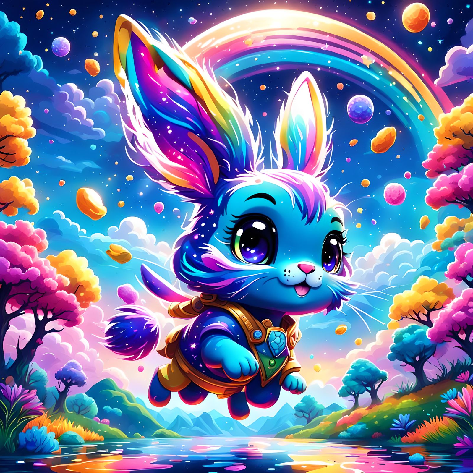 Cute chibi rabbit flying in night sky Lisa frank style