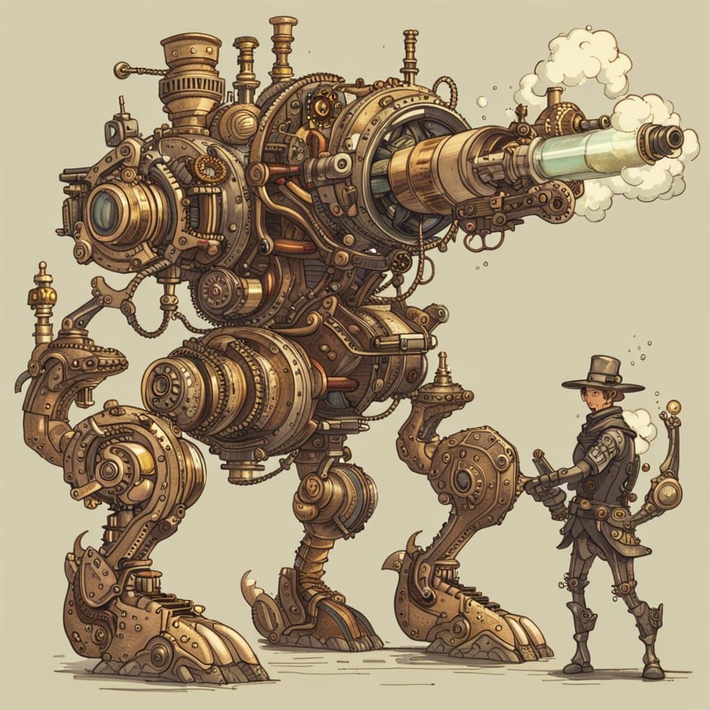 2 legged mecha with a canon for an arm shooting at a sea serpent - AI ...