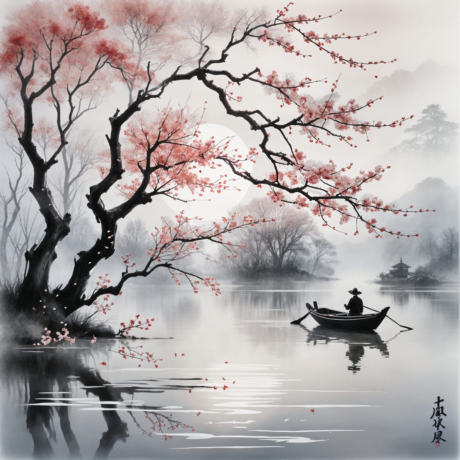 Beautiful stylised epure japanese ink art. A close-up of a fisher boat silhouette near a quiet lake. ...  by @Dobiki