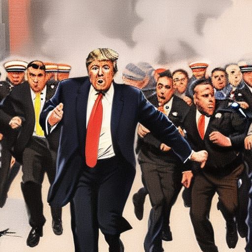 courtroom sketch of angry donald trump being chased by large...