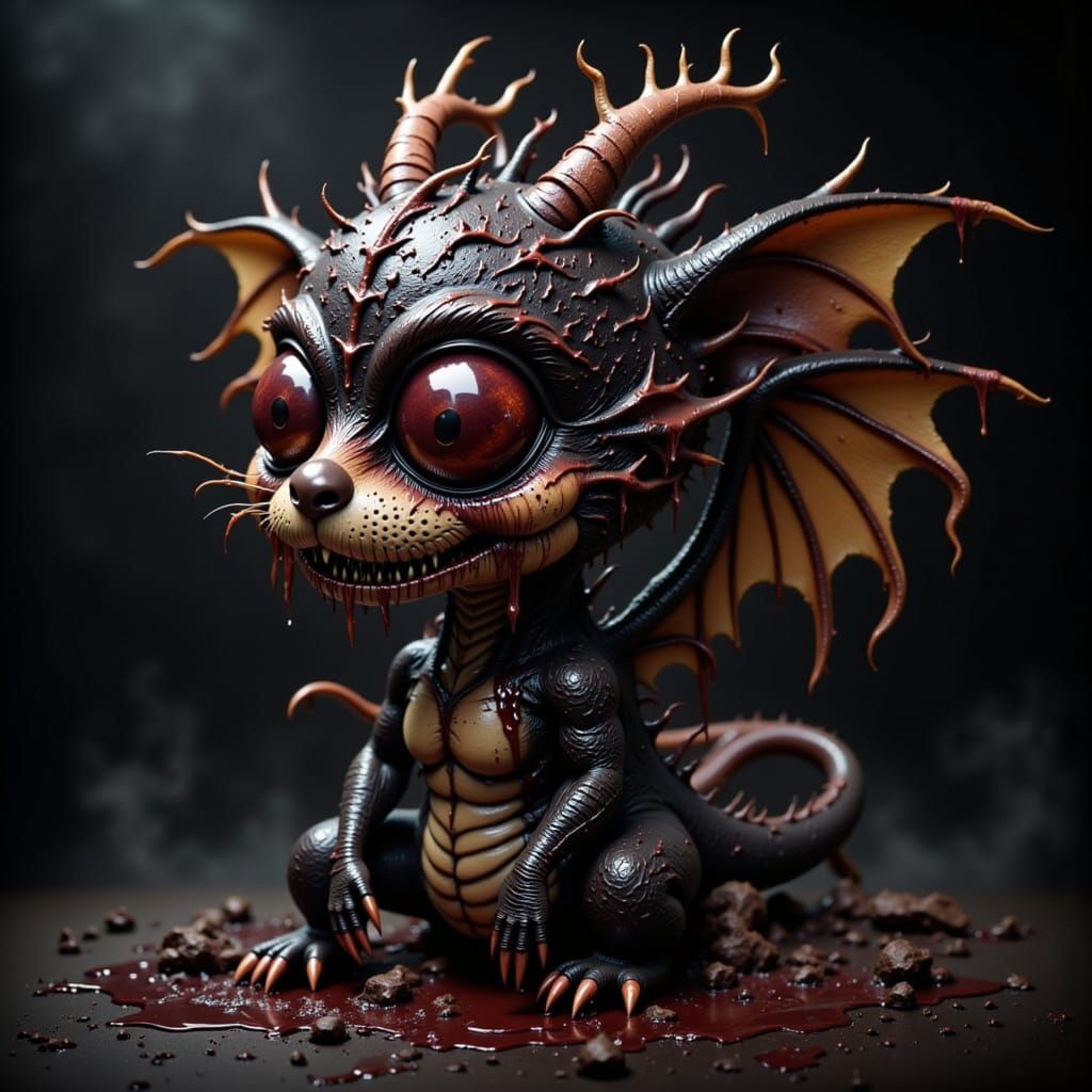 Dark Smokey Evil Sinister Elegance decaying, rusting, flaking, and CUTE chibbi dragon. Dripping and melting into darkness   <lora:Cuddly Mon...