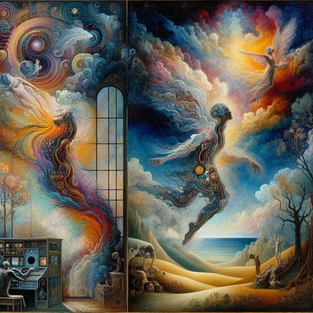 SOULS EXPELLED AND MAN TURNED INTO AN AUTOMAT multi-layered fantasy , with bold, clashing colors, illuminated by soft, e...