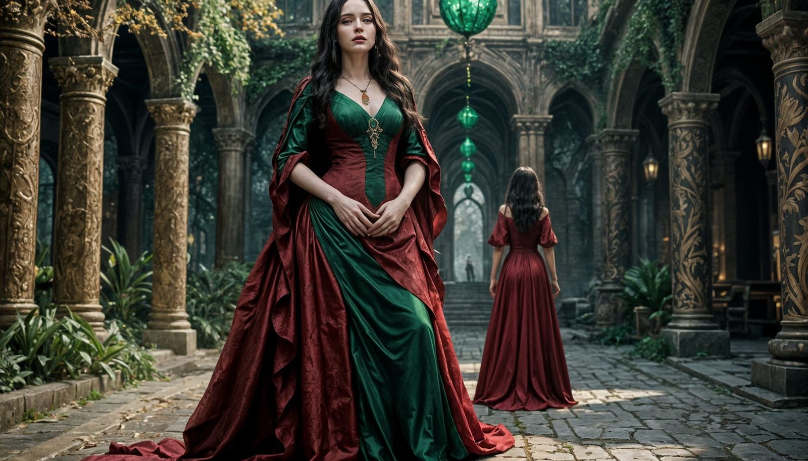 woman with very pale skin and long dark hair wearing a deep red gown and an emerald pendant necklace, realistic, no back...