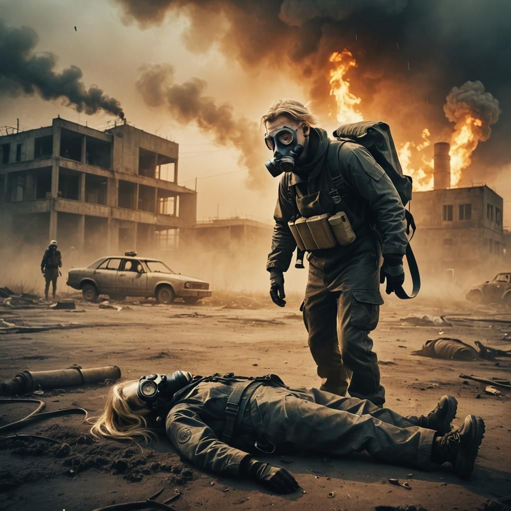 Man in gas mask stands on the ground . Remains of woman with blond hair , in respirator laying in front of him .