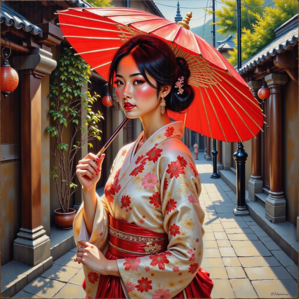 <lora:Asian Women 1-01:1.0> Oil painting of a pretty Asian woman in traditional Japanese kimono, holding a red parasol in Kyoto’s Gion distr...