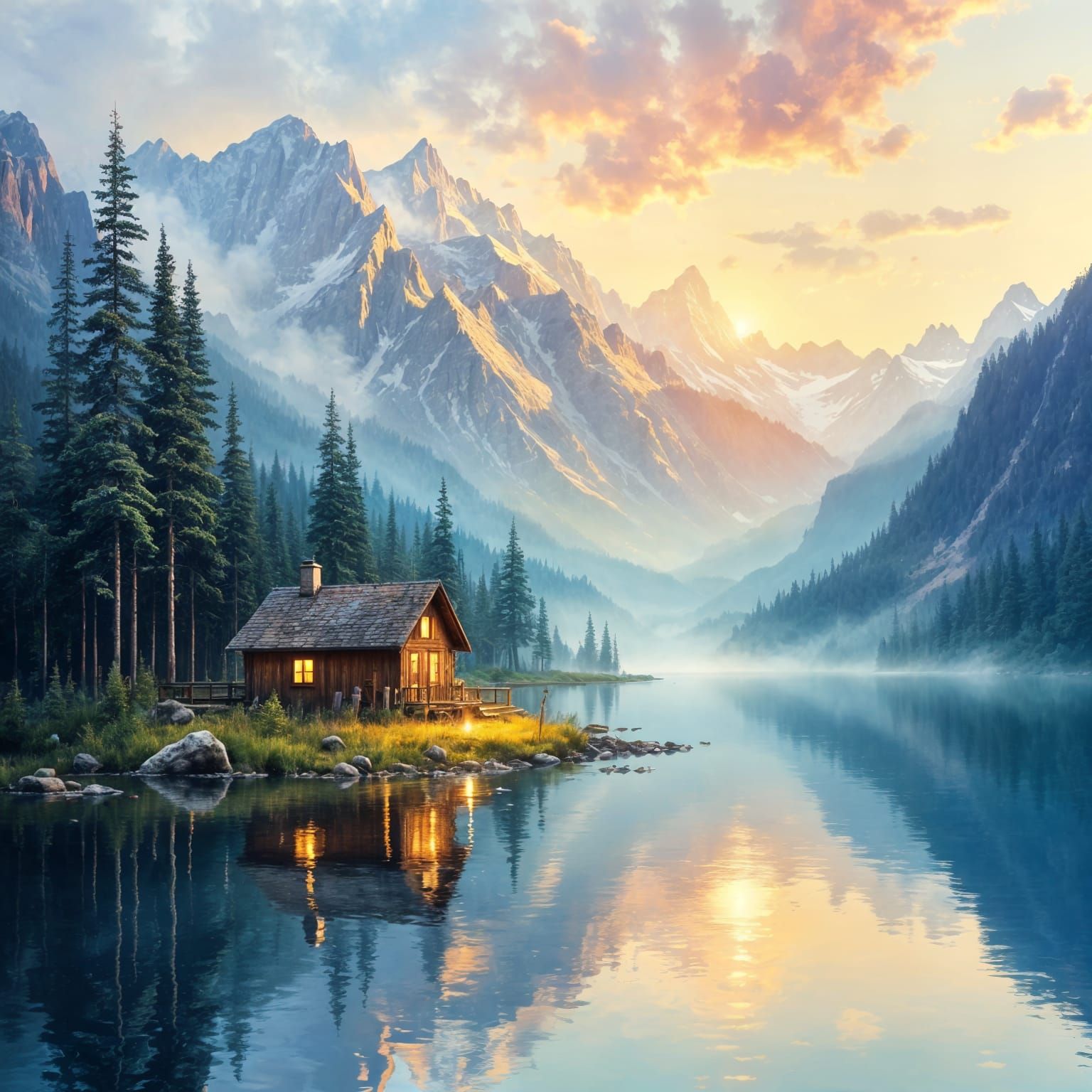 Pastel Mountain Lake at Dusk with Rustic Cabin