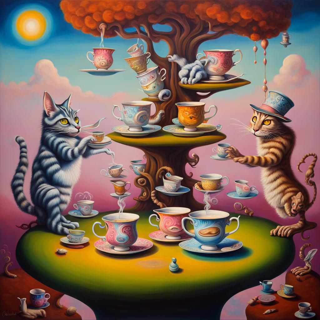 Whimsical, psychedelic scene with floating tea cups and talk...