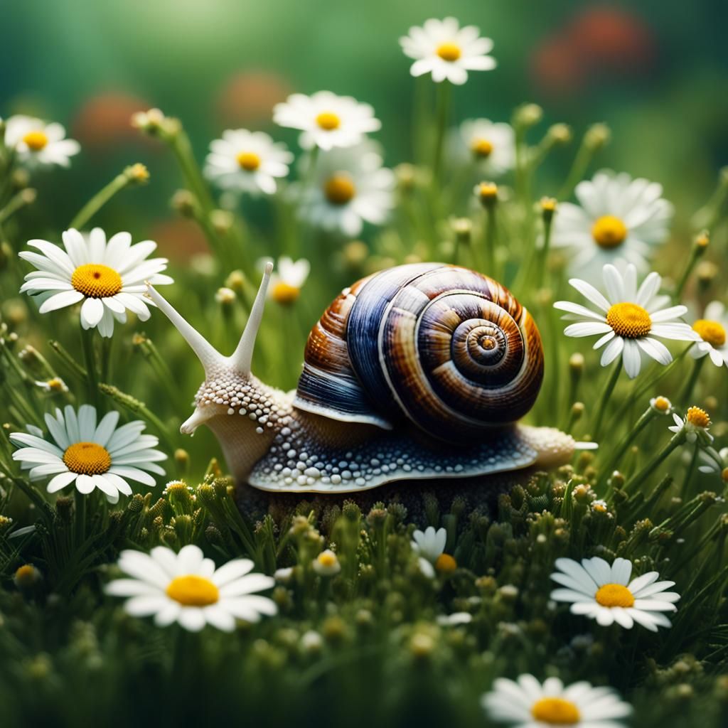 a snail with a shell looking like a mini house, in the grass...
