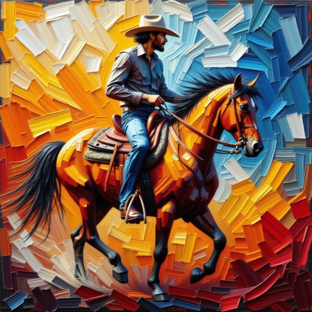 <lora:Impasto styleS:1.0> Vibrant abstract painting of a cowboy riding a horse with expressive brush strokes on a textured background. Abstr...