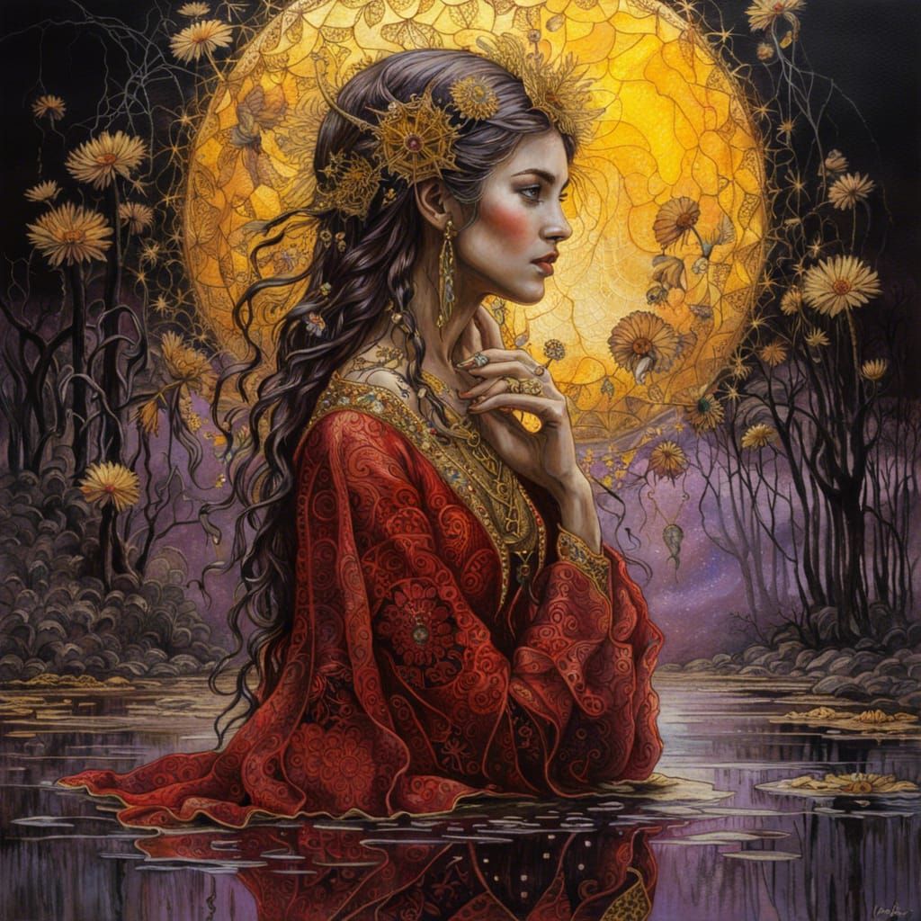 Ornate Moon Goddess Mirrored Reflection in Dark Fantasy Art