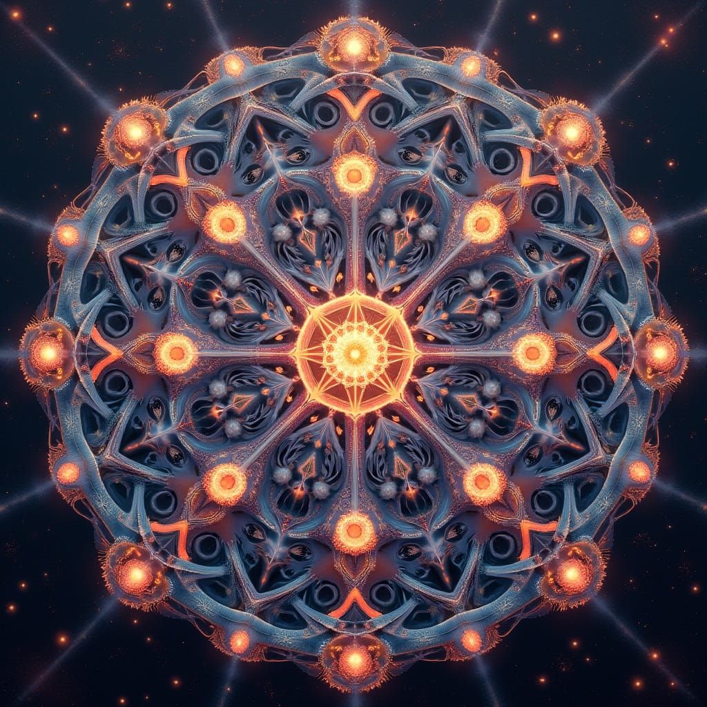 A kaleidoscopic clockwork mandala of sacred geometry, glowing fractal spirals of time, cosmic dust swirling around, ultra-sharp surreal text...