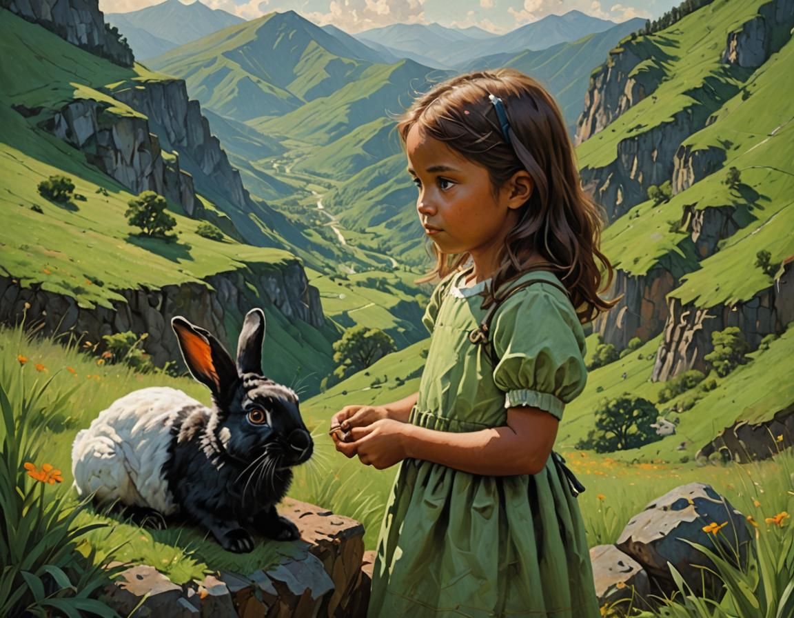 "A little and cute girl looks at the green mountains, and pe...