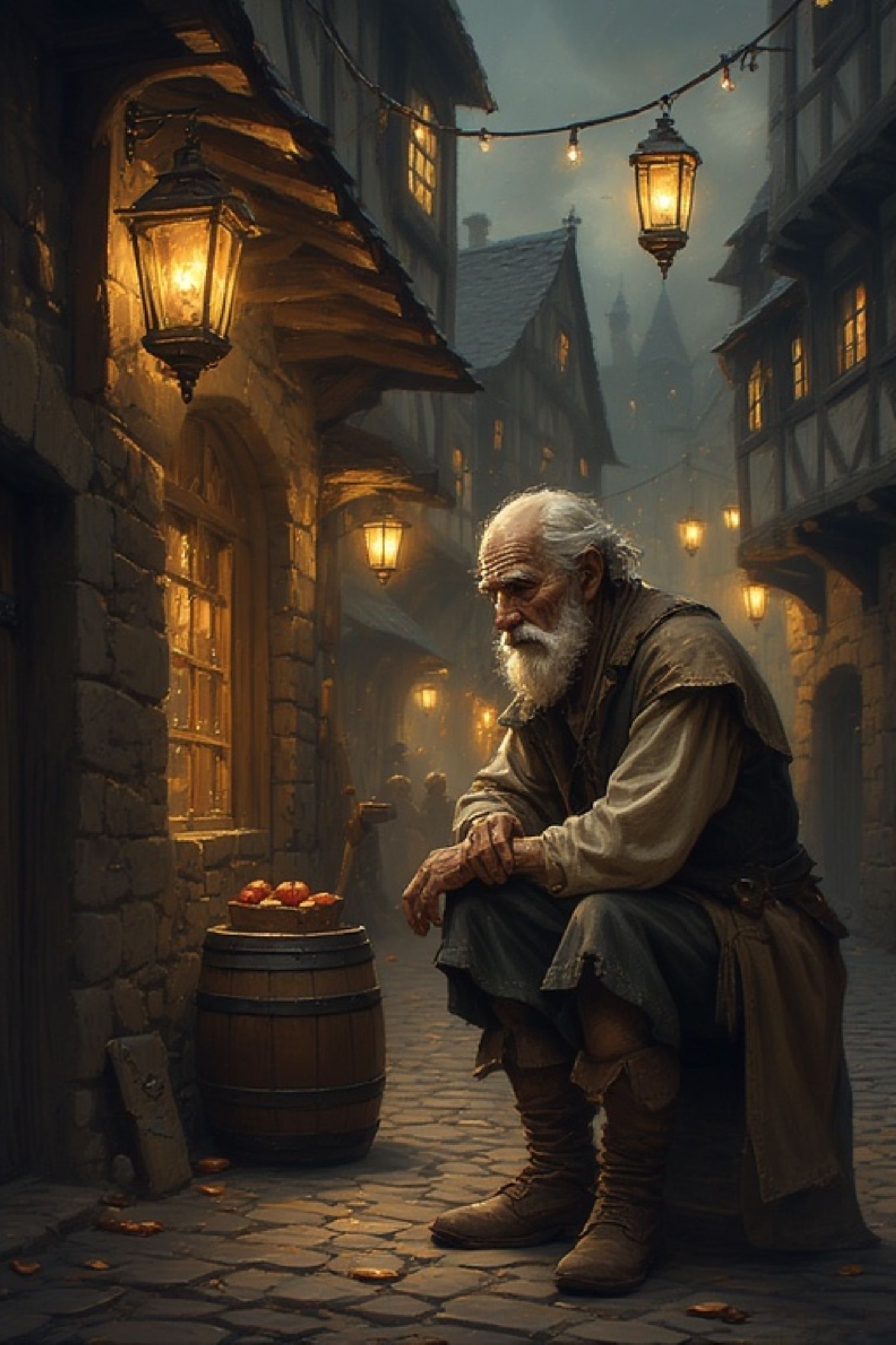 An image capturing a lone beggar sitting on a old wooden bar...