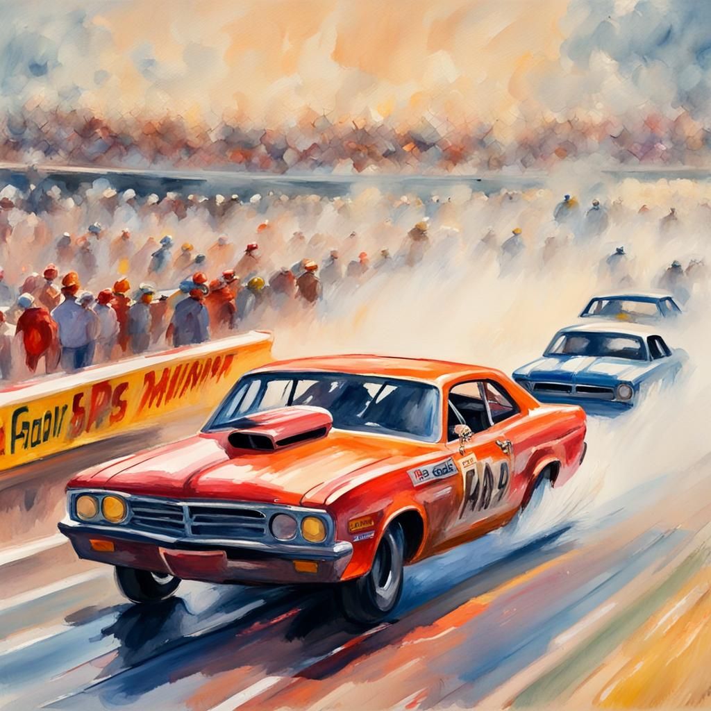 Drag Racing in Gouache Style, Watercolor, Museum Epic Impressionist Maximalist Masterpiece, Thick Brush ...  by @Papilou