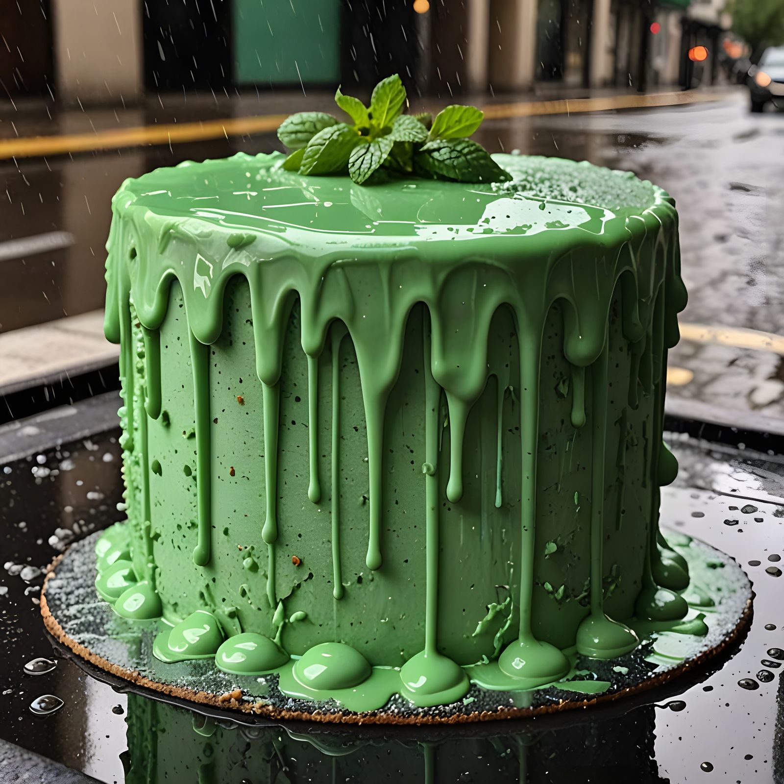 "Someone Left the Cake Out in the Rain" A melting cake in the rain, green icing running down the sides.  by @Xcalicoco