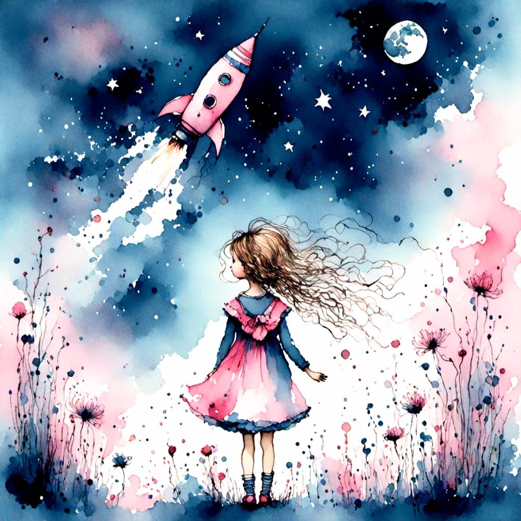 <lora:Colours:1.0> Vivid inks. Little girl watching a rocket shoot for the moon. Pastel pink and midnight blue. Cute adorable sad
