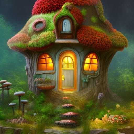 Whimsical, quaint small mushroom fairy house with front door and ...