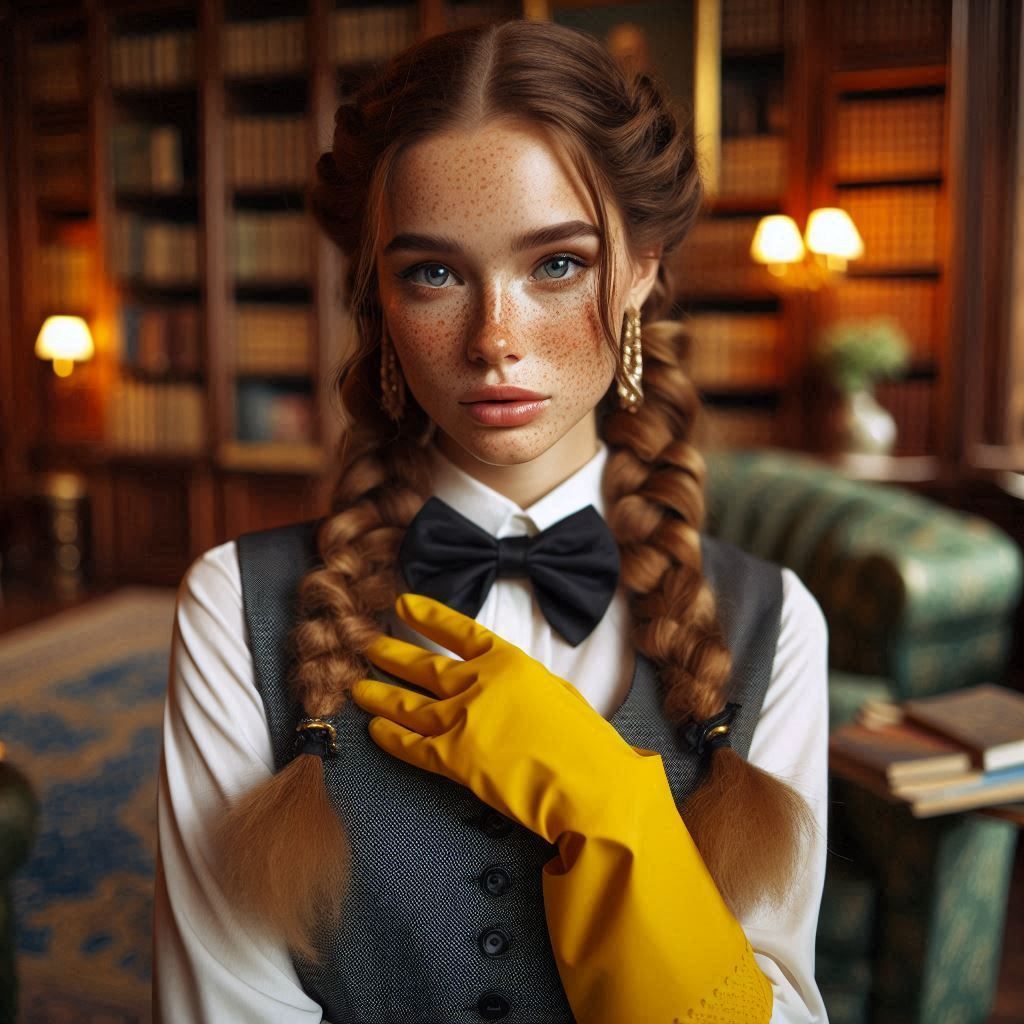 A freckled female Swiss butler with braids in the library of...