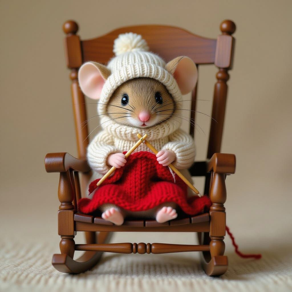 A cute tiny mouse sits and knits a little red blanket in a gigantic rocking chair. He holds 2 knitting ...  by @Pippy