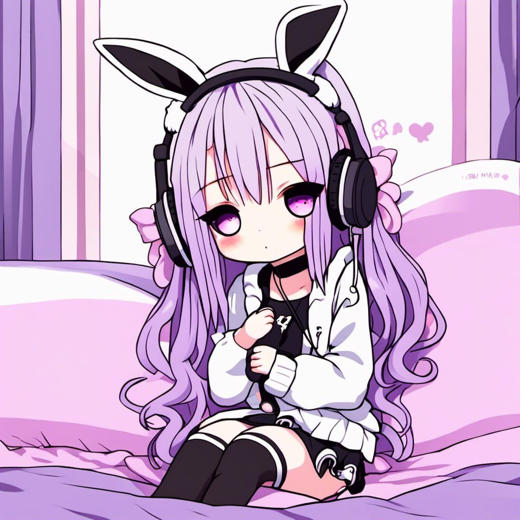 Anime, chibi, pastel goth, yami kawaii, cute, bed in backgro...