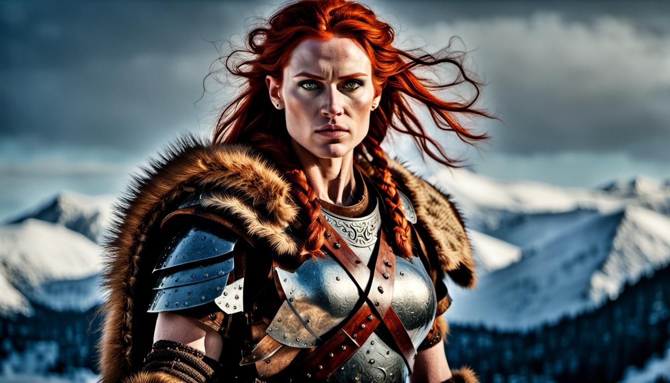 a female redhead sensual barbarian,full body portrait, winter mood ...