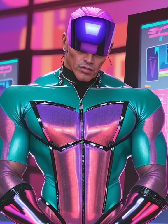 Y2K Futurism, Cyber Y2K, Mature bodybuilder in a chrome body...