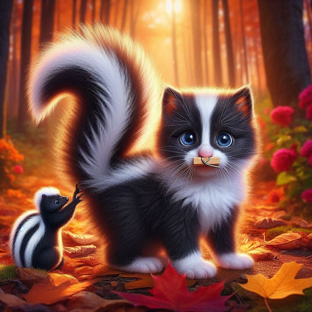 UMM skunk should be pointing its tail at kitten as if to spr...