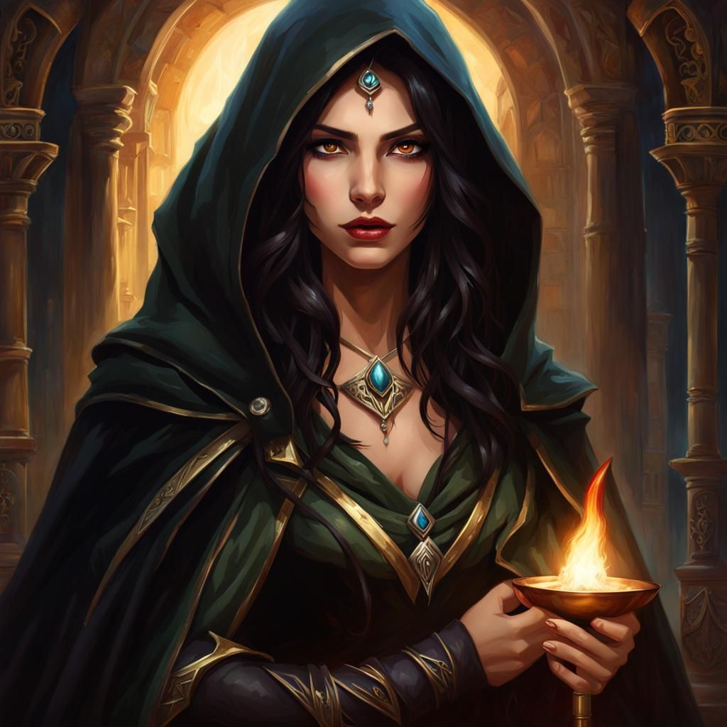 fantasy art, oil painting, character profile, 

a cute young female vistani arcane trickster rogue, burgundy eyes pupils...