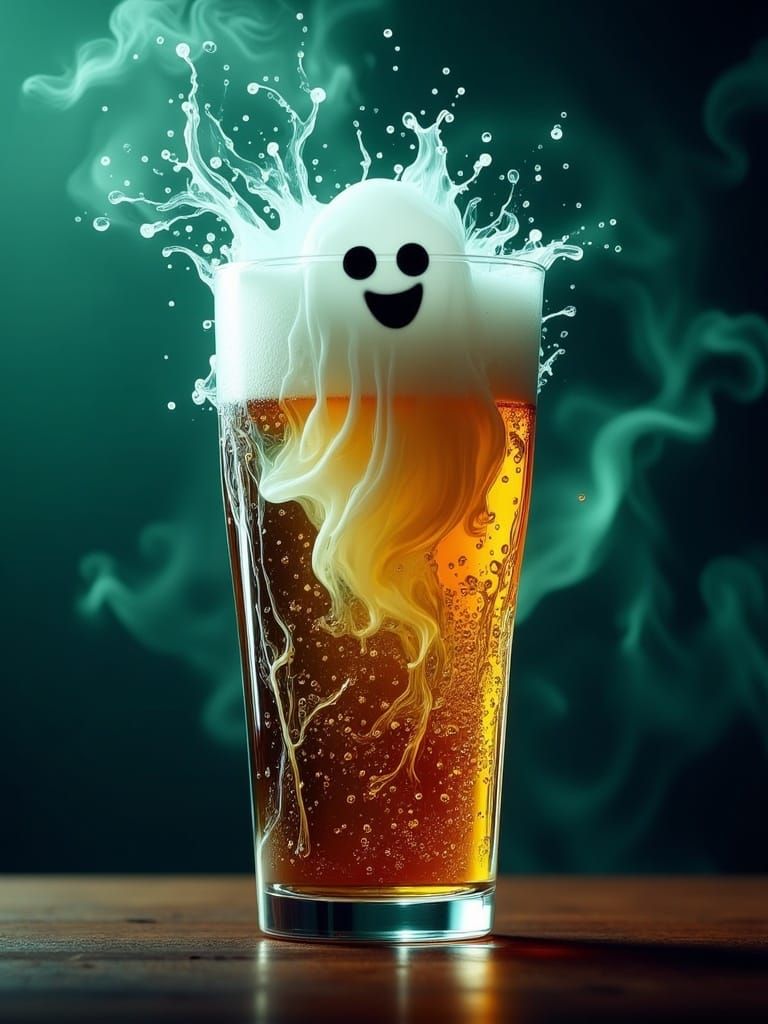 Ghostly Figure Emerges from Beer Glass in a Hazy Aesthetic