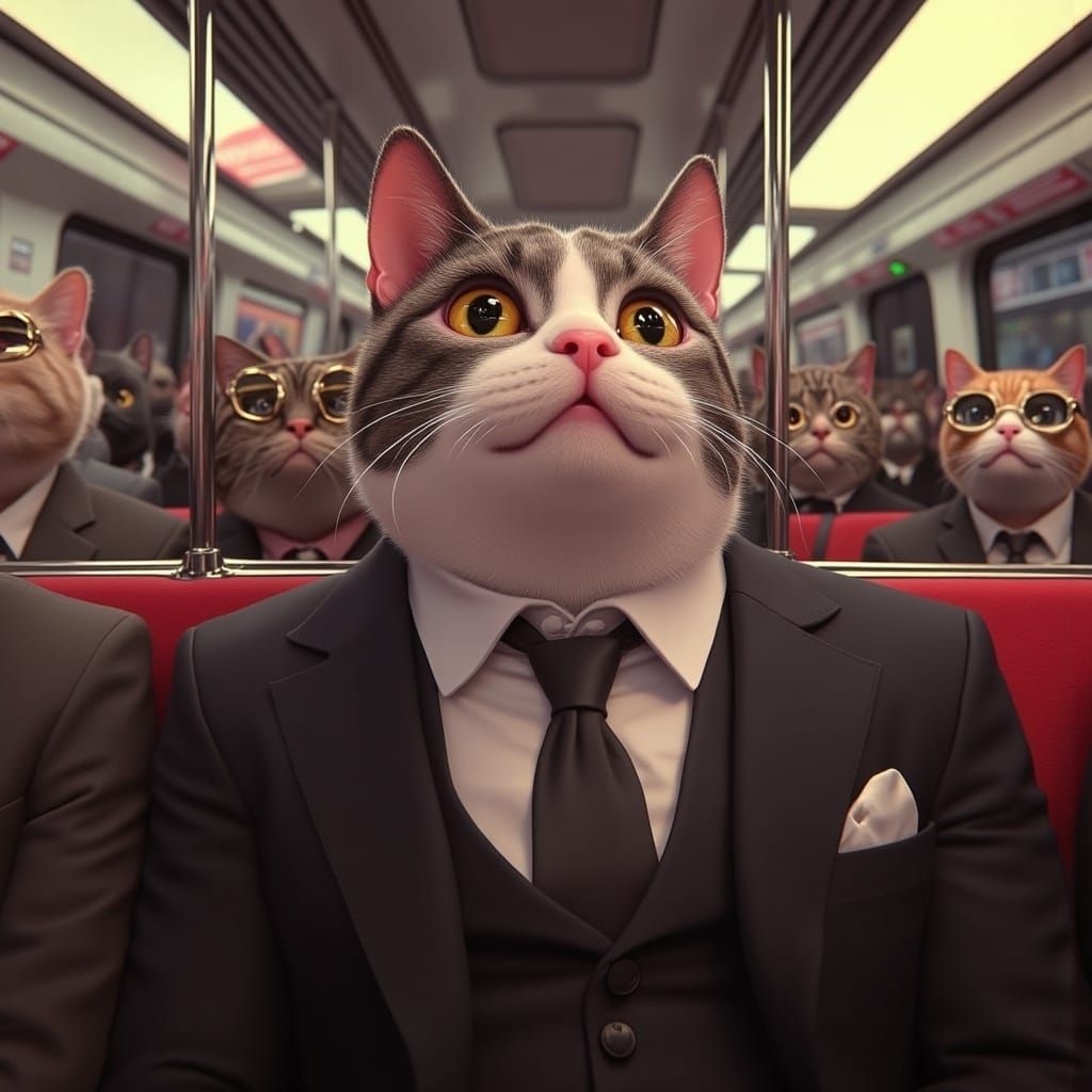 <lora:Cats on Rails:1.0> An anthropomorphic cat on a crowded train wearing a suit sitting on the seat