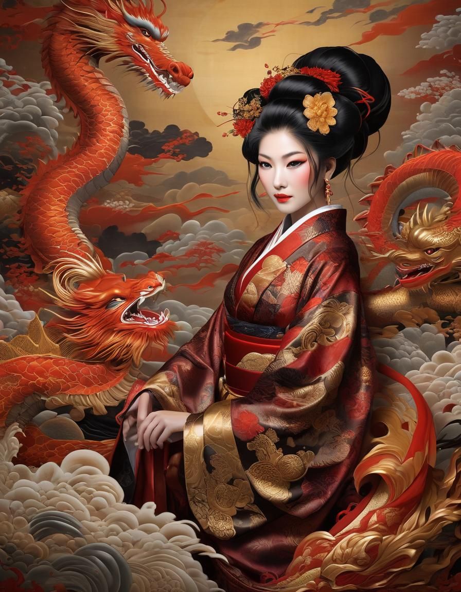 Geisha tending Japanese baby dragons  by @Doug the Old