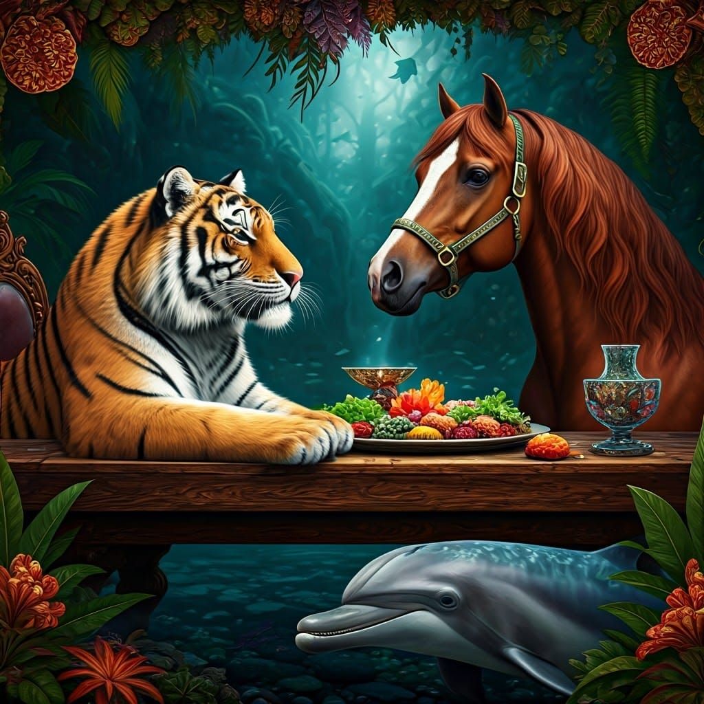 Whimsical Underwater Banquet with Tiger, Horse, Dolphin