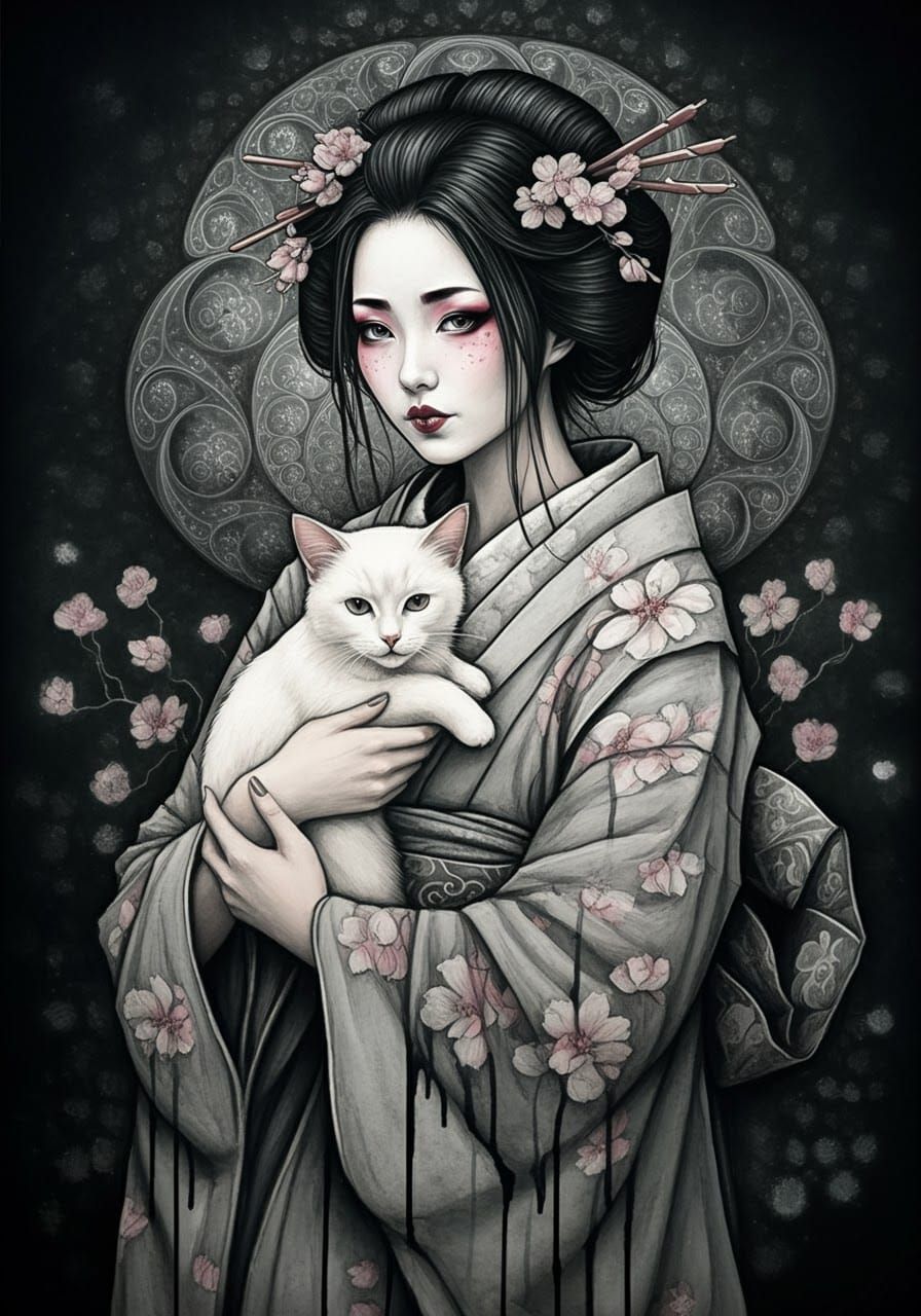 Geisha with white cat