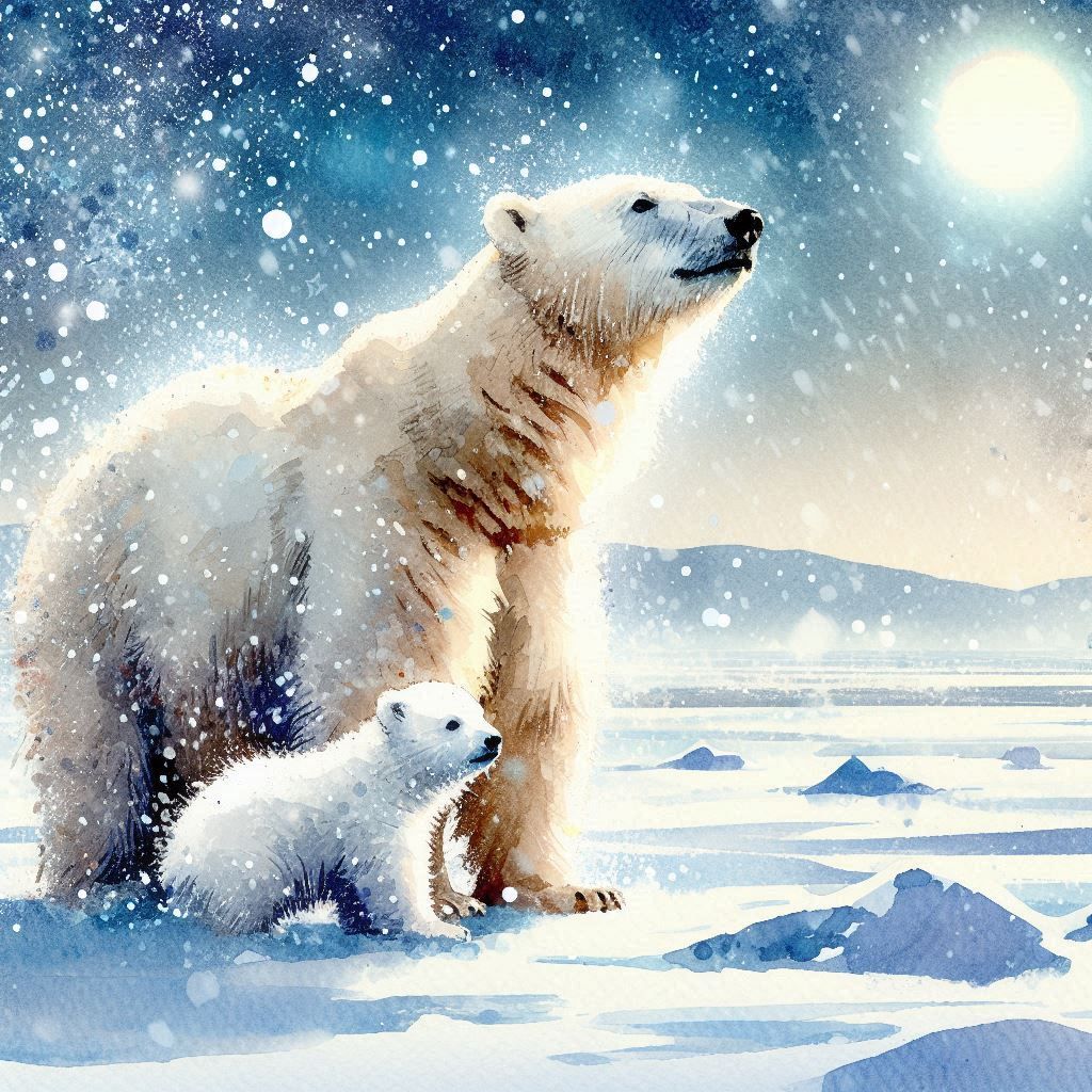 Polar Bear And Her Cub getting warmth from the sun
