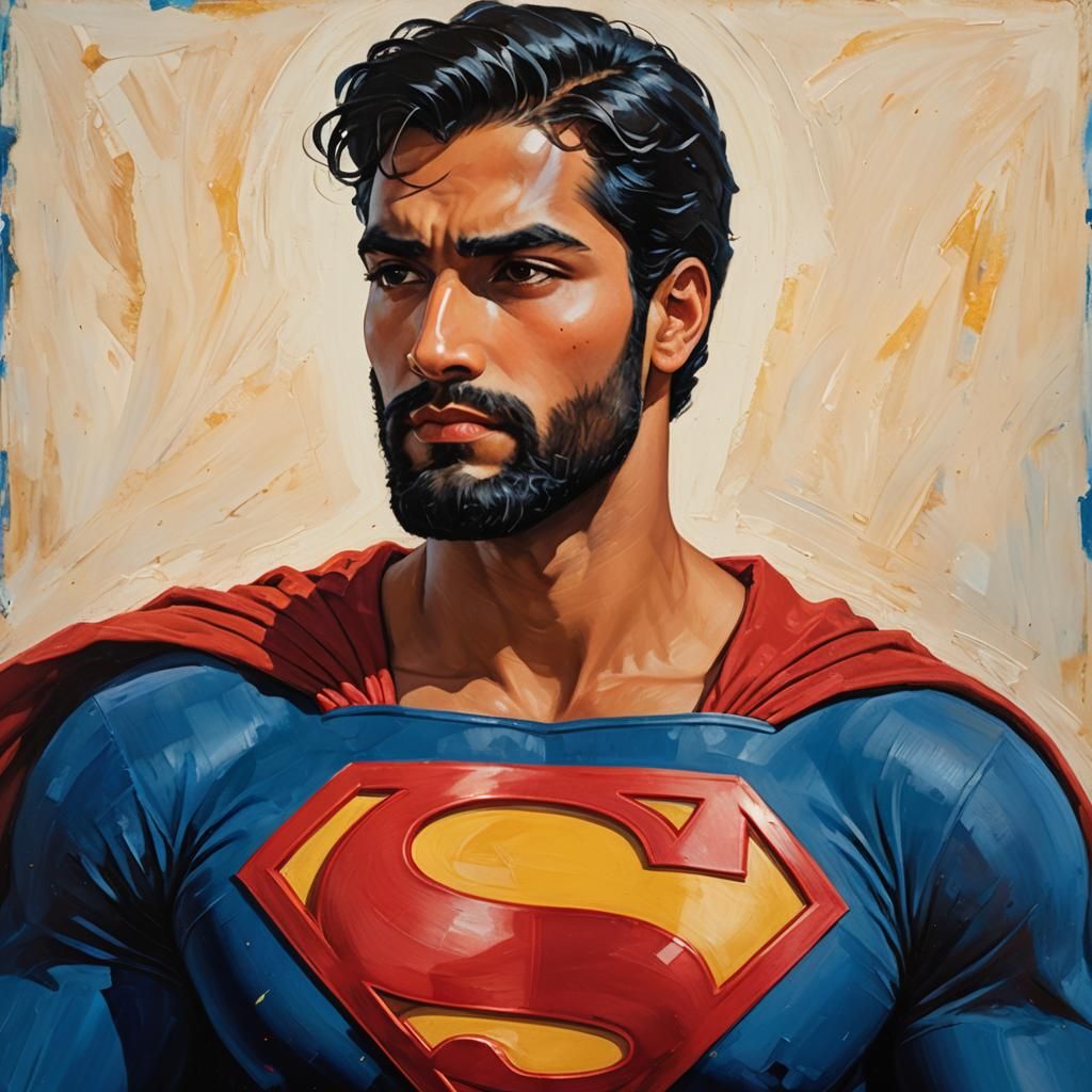 Handsome Arab Indian Superman as Neo-Impressionist Oil Paint...