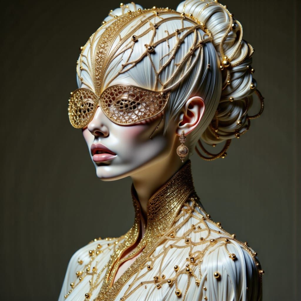 editorial photo of a pale-skinned model encased in a surreal sculpture made entirely from cascading hair and sculpted gold jewelry — hair fo...
