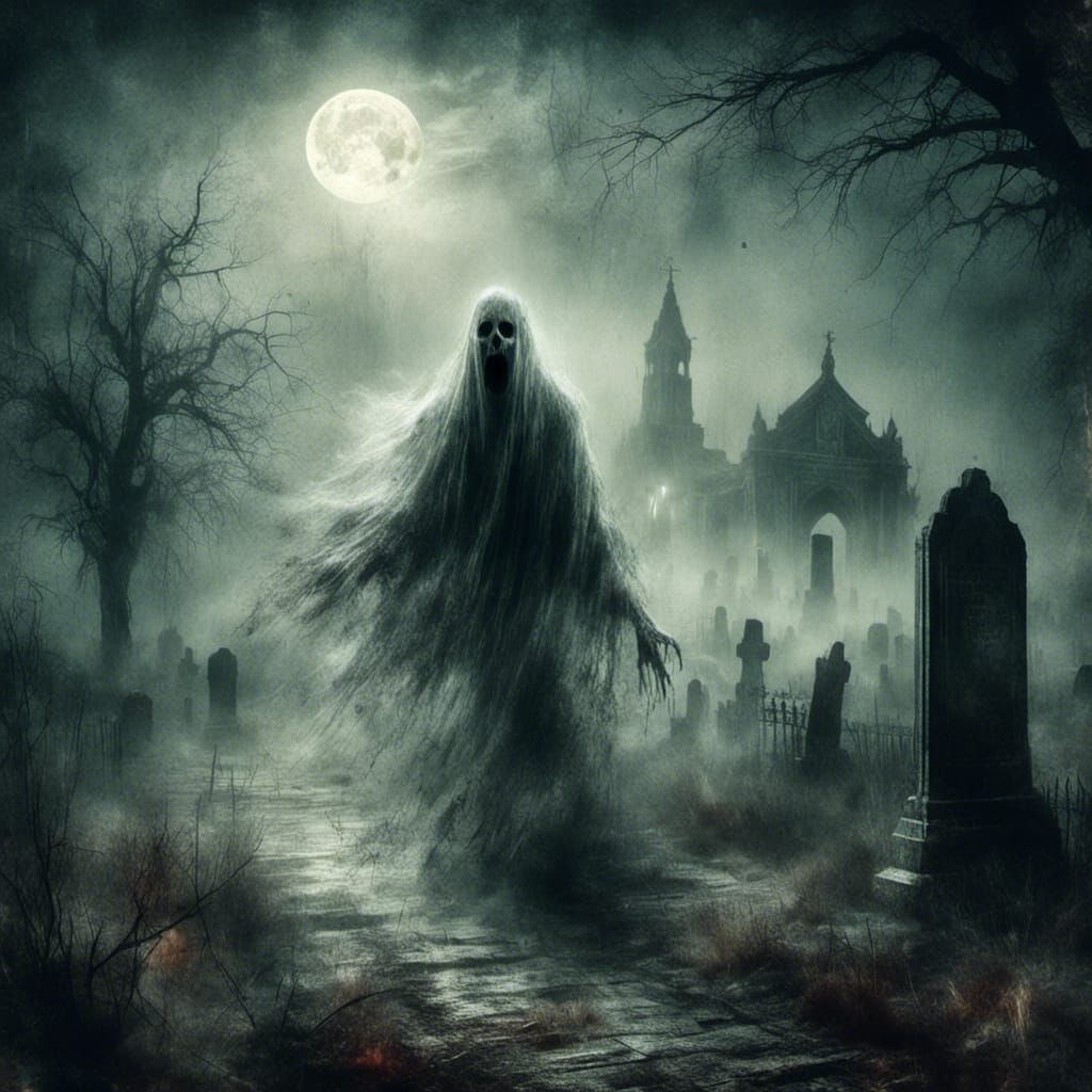 <lora:Ghostly Spirit:1.0> the ghostly spirit of the grim reaper riding through a cemetery under the light of a full moon depicted using gri...