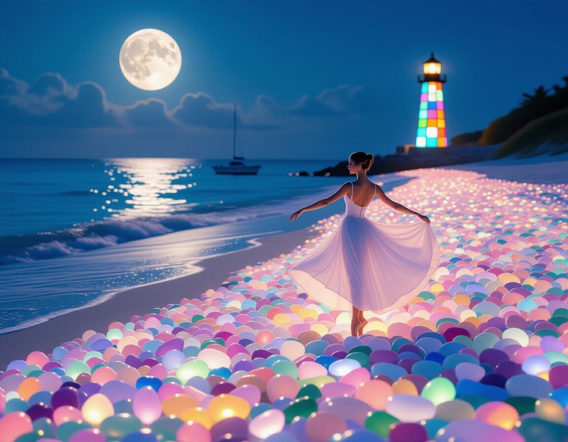 A dreamy moonlit beach covered densely with glowing, colorful sea glass in pastel hues. The smooth glass ...  by @Neighborly